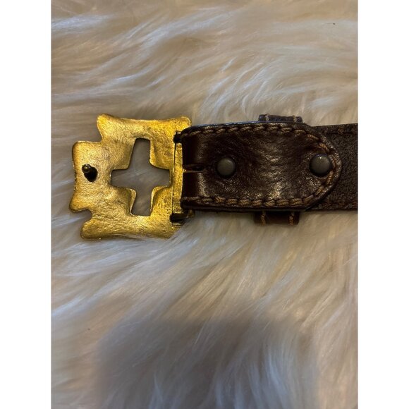 Tony Lama 34L Tooled Leather Belt With Cross Cutout Brass Buckle Made In USA - Picture 6 of 9